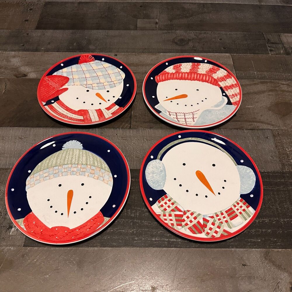 Debbie Mumm Christmas SNOWMAN PORTRAITS Set of 4 Salad Dessert Plates 8.25”‎
